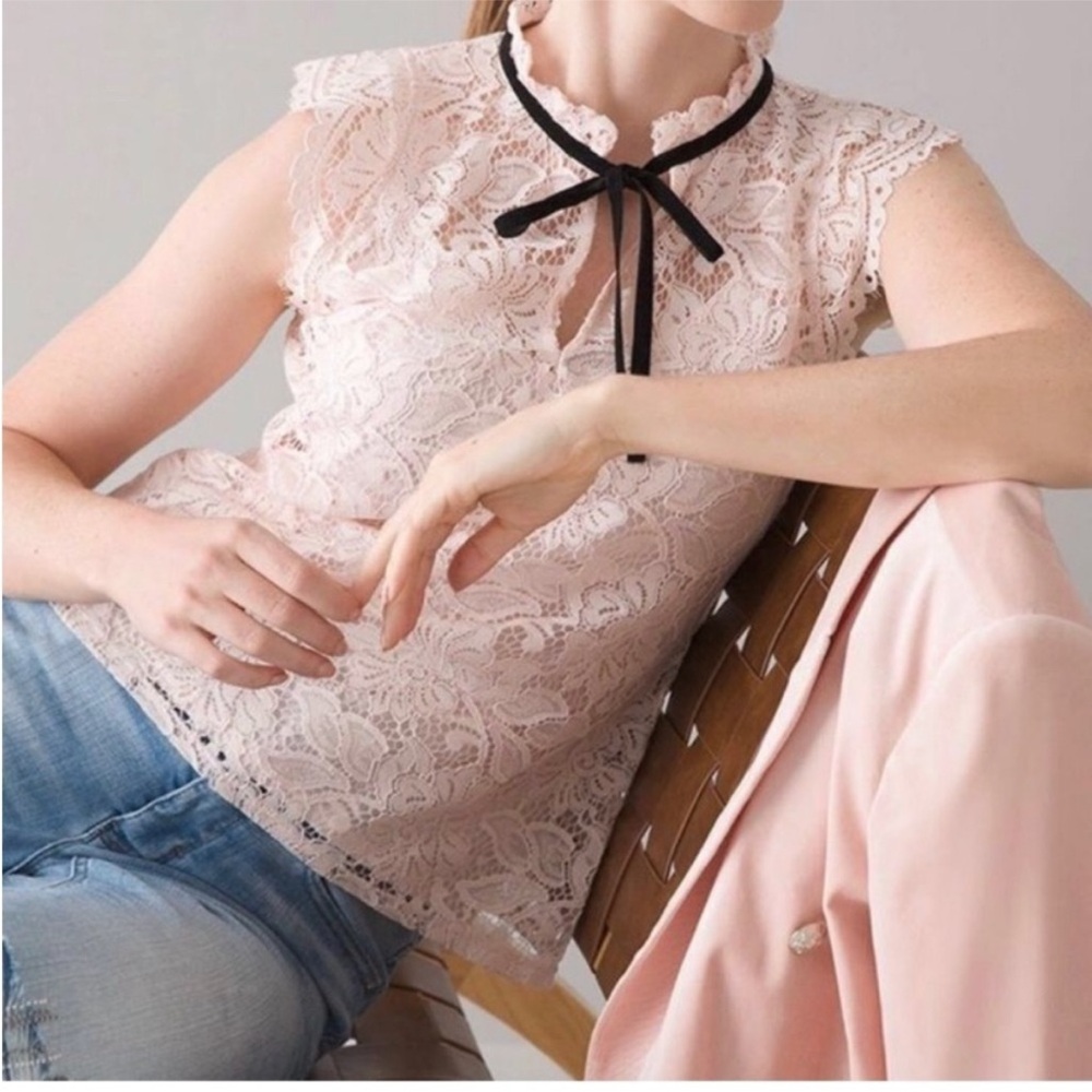 White House Black Market Pink Lace Blouse with Black Ribbon